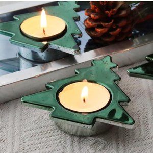 Set of 6 - Green Pine Tree - Mercury Glass Tealight Candle Holders